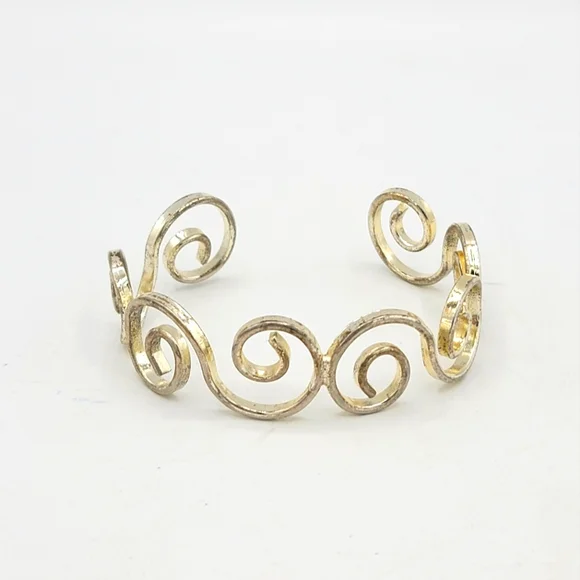Best Silver tone Scroll Coil Curl Curlicue Whorl Spiral Cuff Bangle Bracelet Vtg - Picture 1 of 6